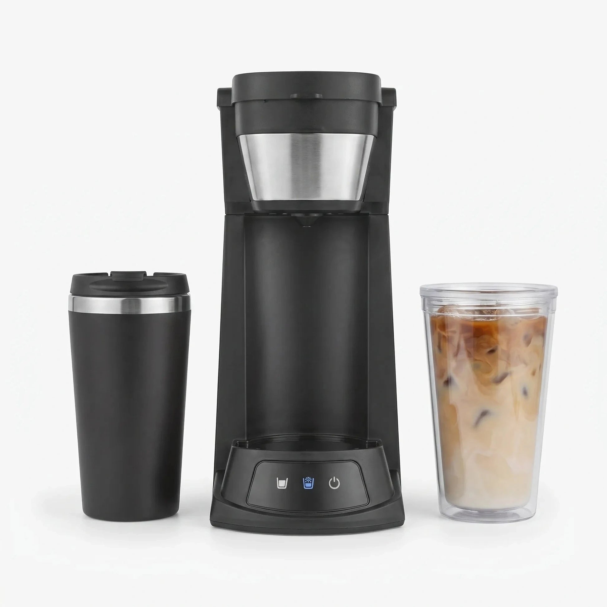 The of a compact coffee maker showcasing its sleek design, water reservoir, and power cord connection