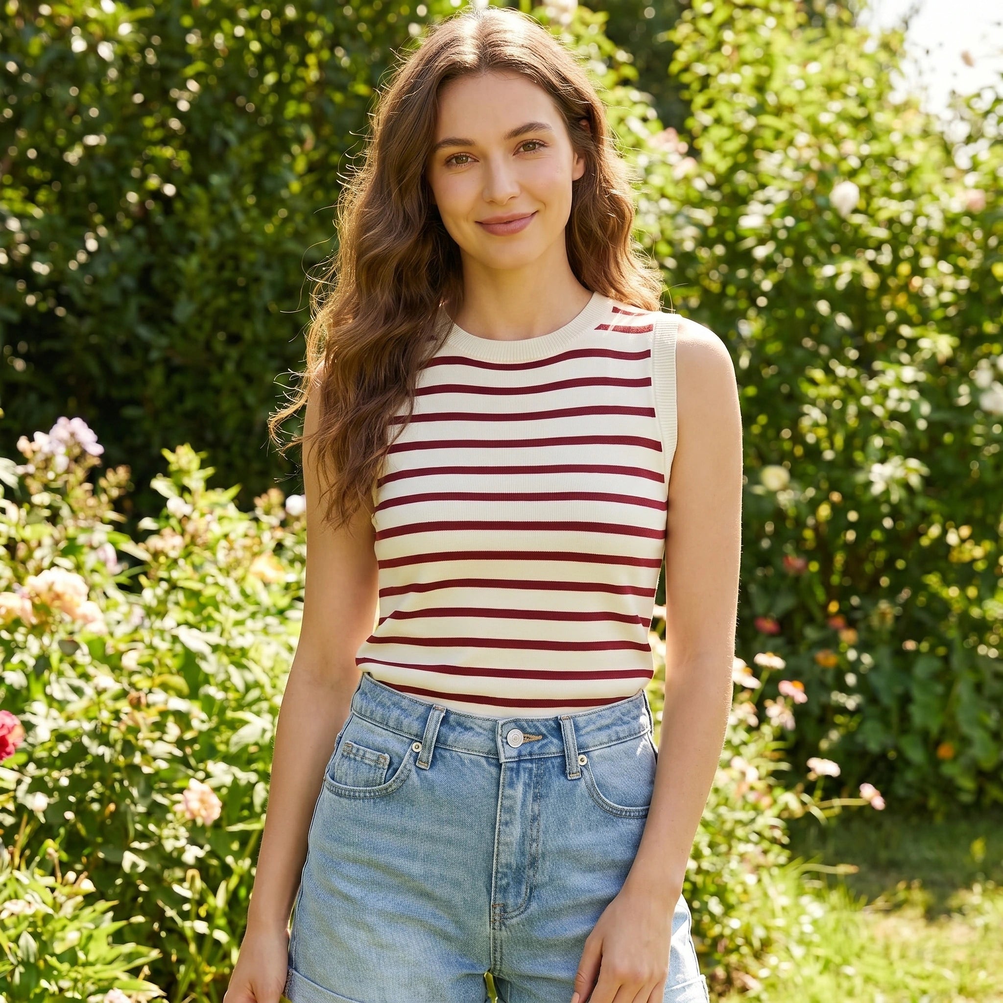 Close up view of the Womens Sleek Elastic Summer Tank Top showing the smooth fabric texture and precise stitching details for a polished look.