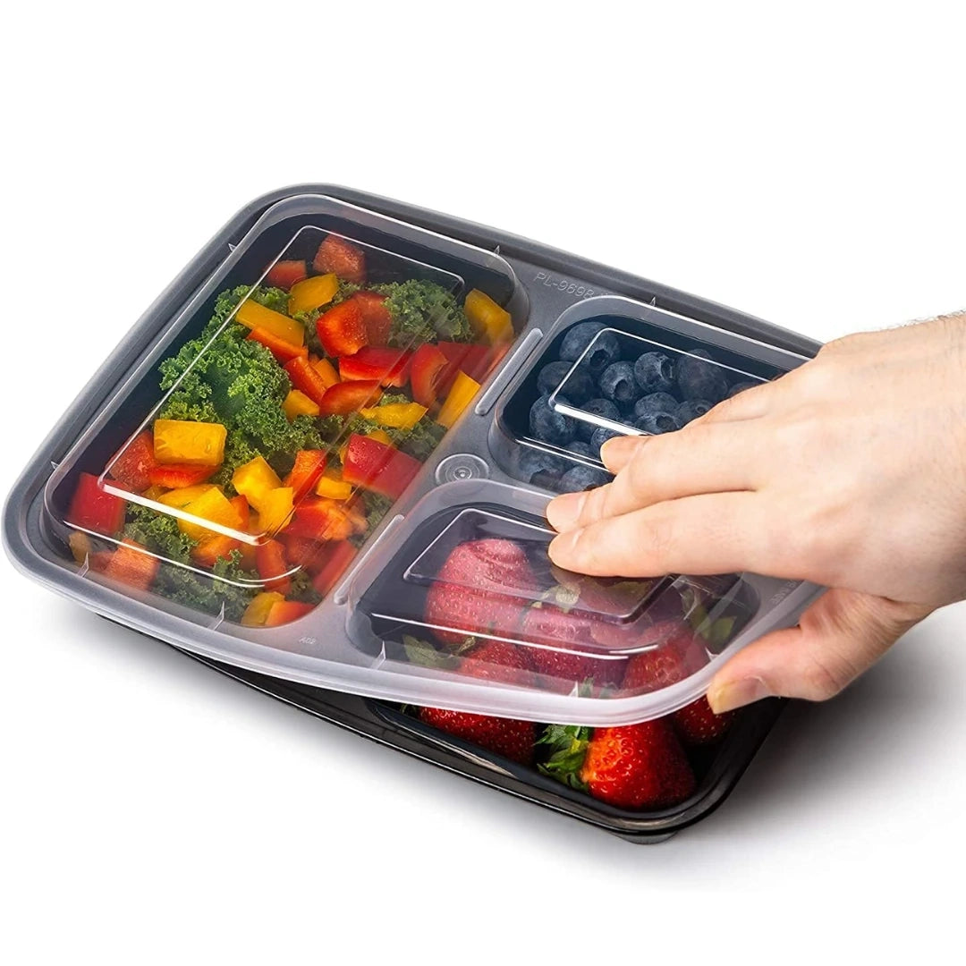 View of a practical and durable bento meal prep container in a vibrant color, showcasing its stackable design and secure lid