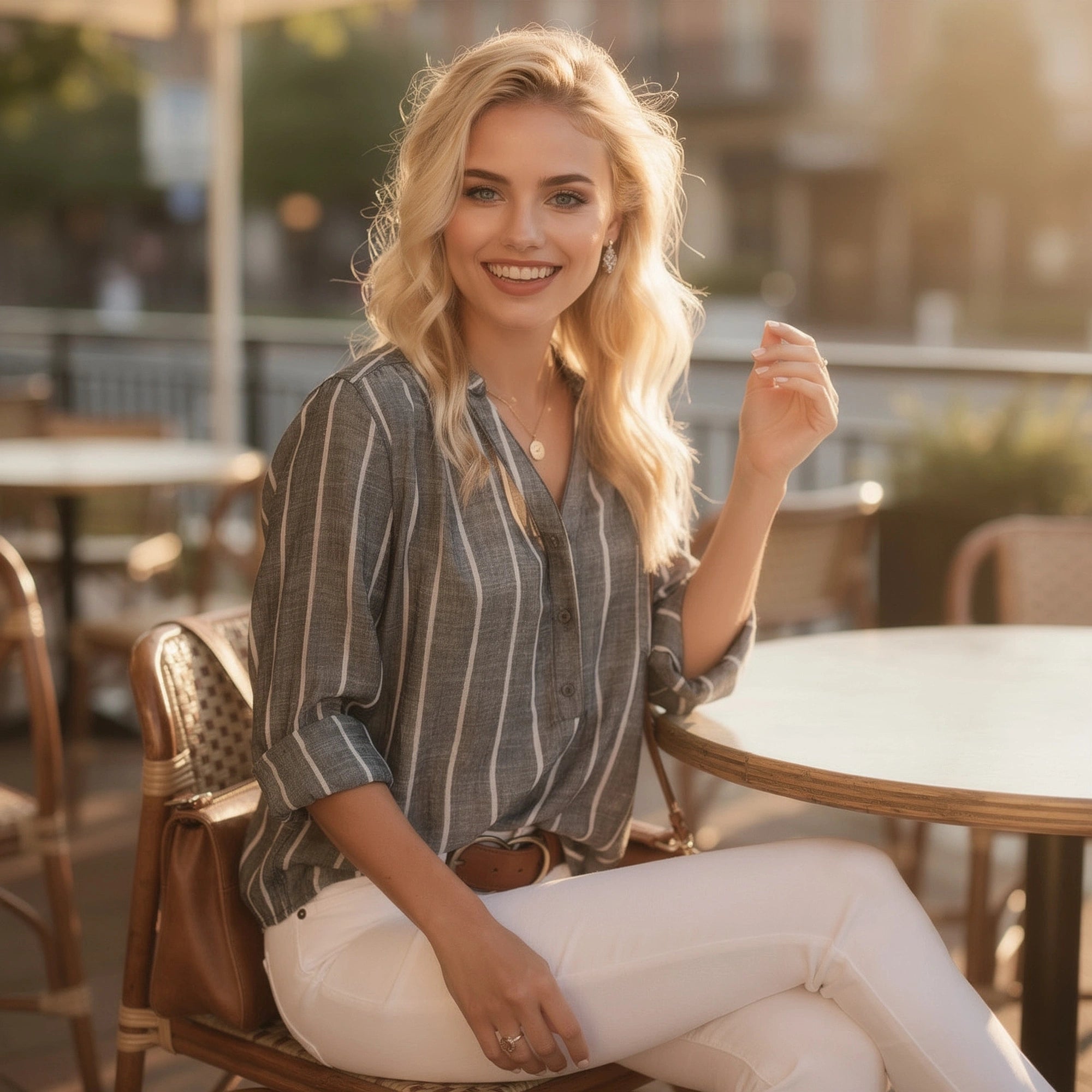 View of a relaxed striped blouse featuring soft fabric, a casual fit, and a blend of light and dark colors