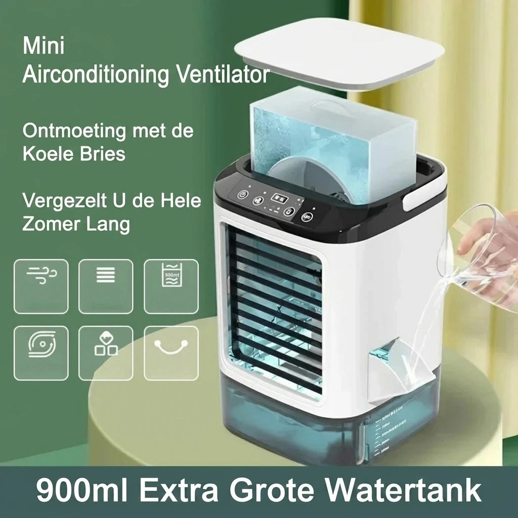 View of a compact air cooler showcasing its sleek design, control panel, and humidifier outlet for enhanced comfort