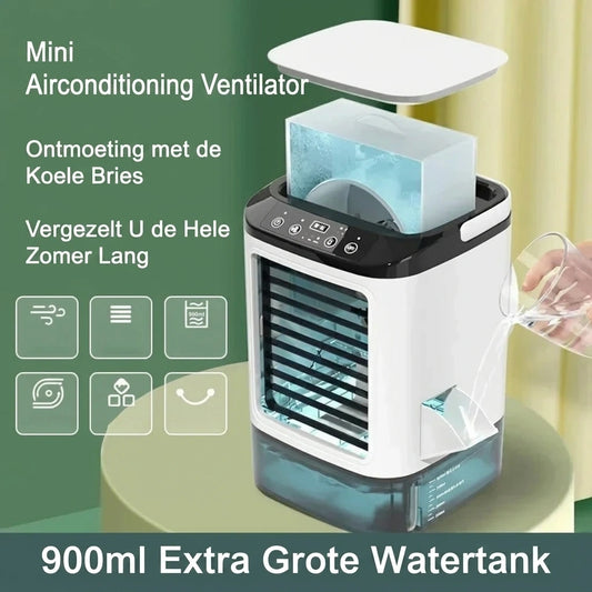 View of a compact air cooler showcasing its sleek design, control panel, and humidifier outlet for enhanced comfort