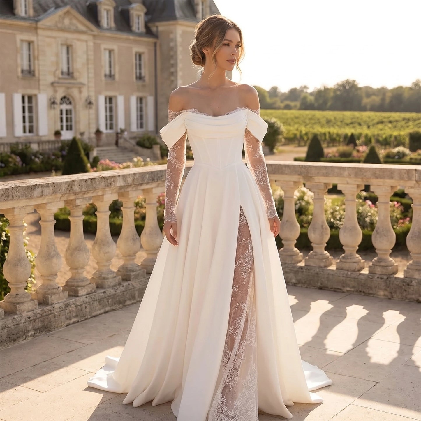 Back view of a model wearing a women's understated wedding dress, showing intricate construction details and a flowing silhouette against a soft, neutral background.