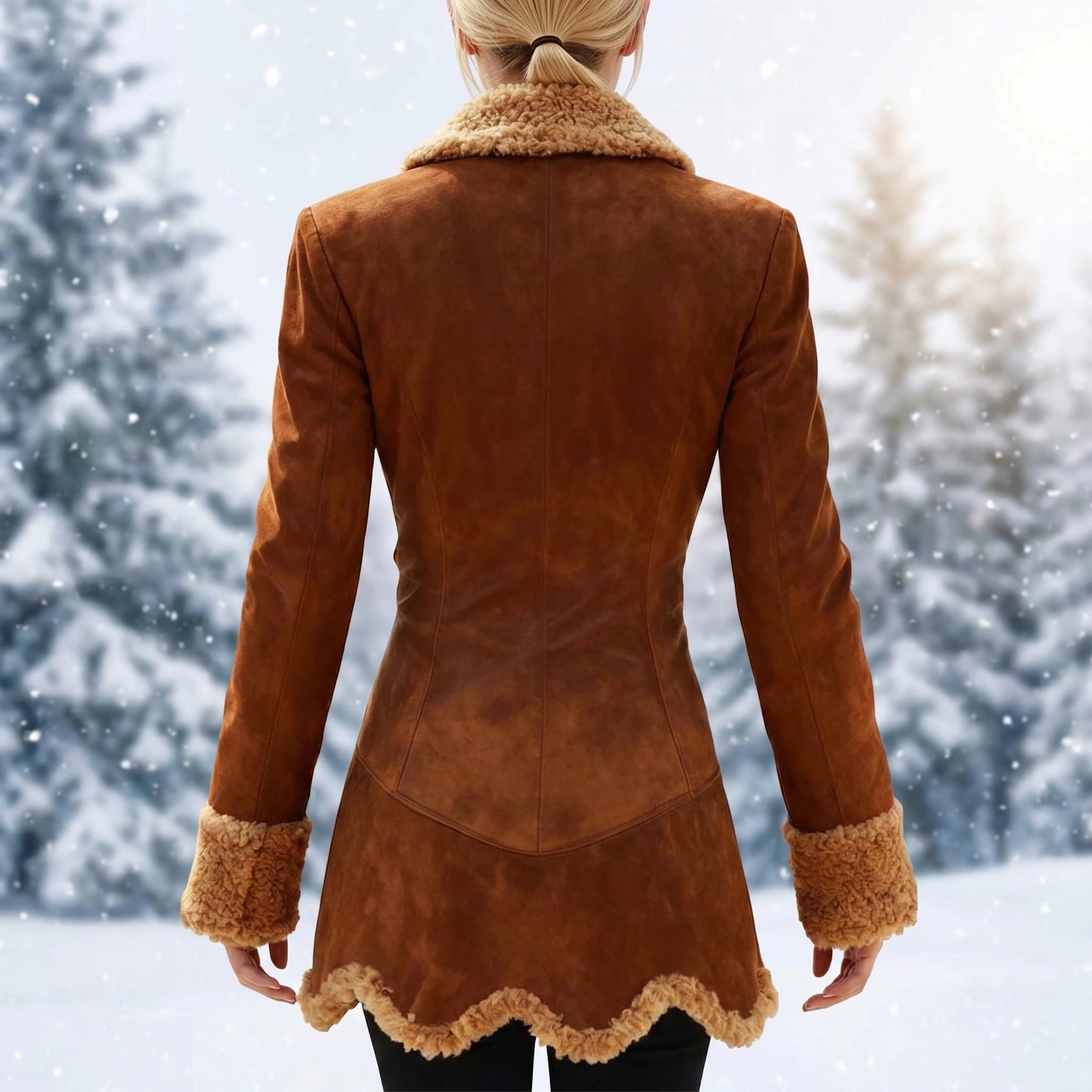 A model showcases the Womens Fitted Winter Coat in a rich navy color, styled with high waisted trousers against a minimalist urban background.
