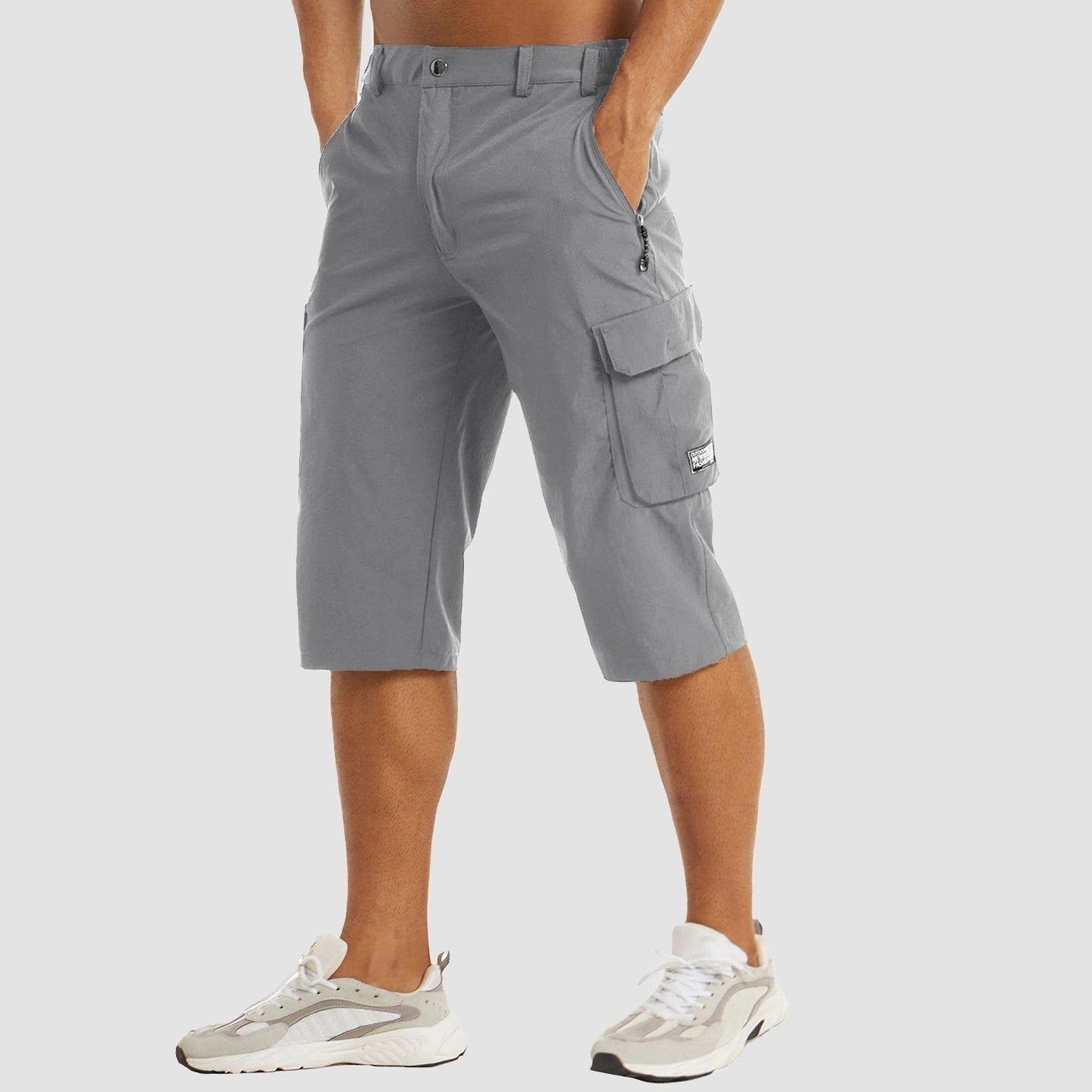 View of men's structured summer cargo shorts in light khaki, featuring multiple pockets and a breathable fabric