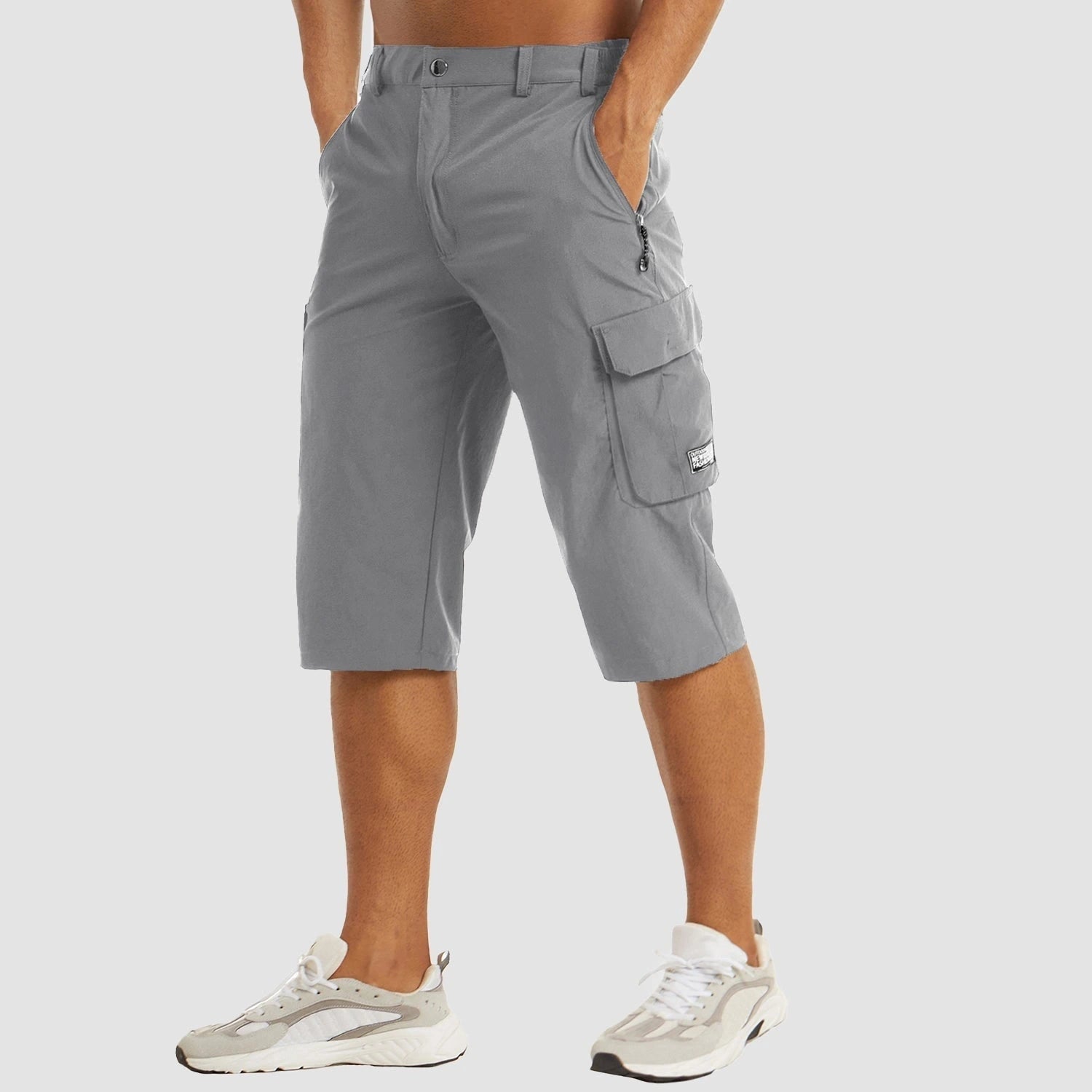 View of men's structured summer cargo shorts in light khaki, featuring multiple pockets and a breathable fabric