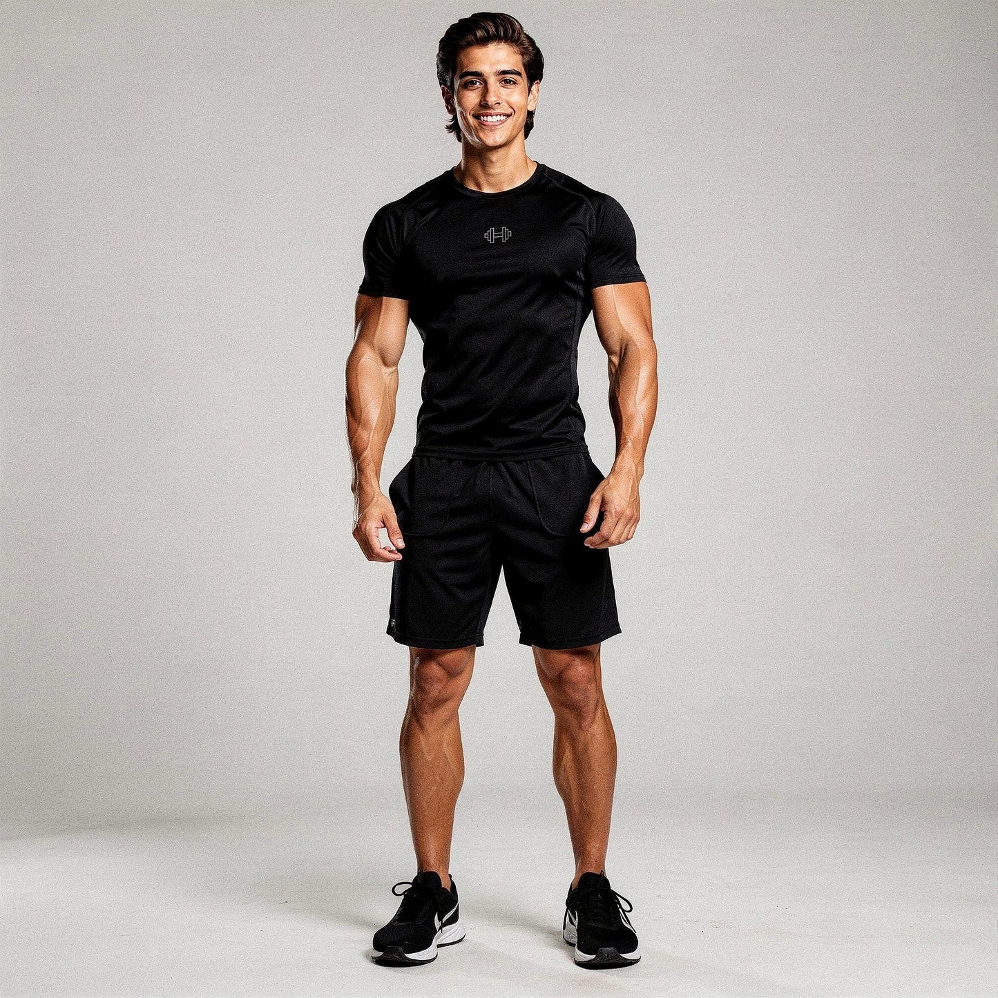 View of a reflective elastic athletic gym tee in dark gray, featuring short sleeves and a comfortable fit