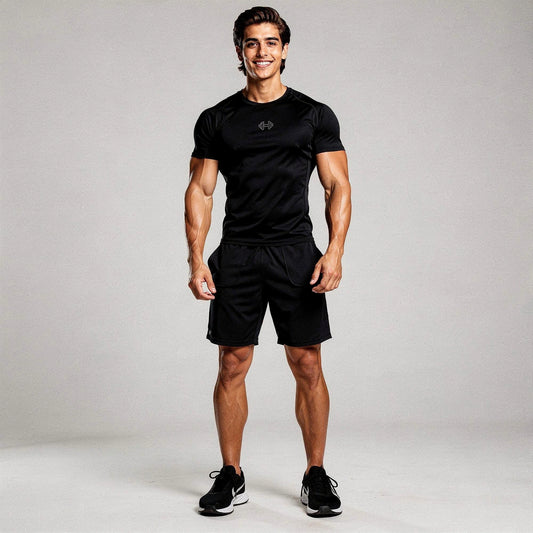 View of a reflective elastic athletic gym tee in dark gray, featuring short sleeves and a comfortable fit