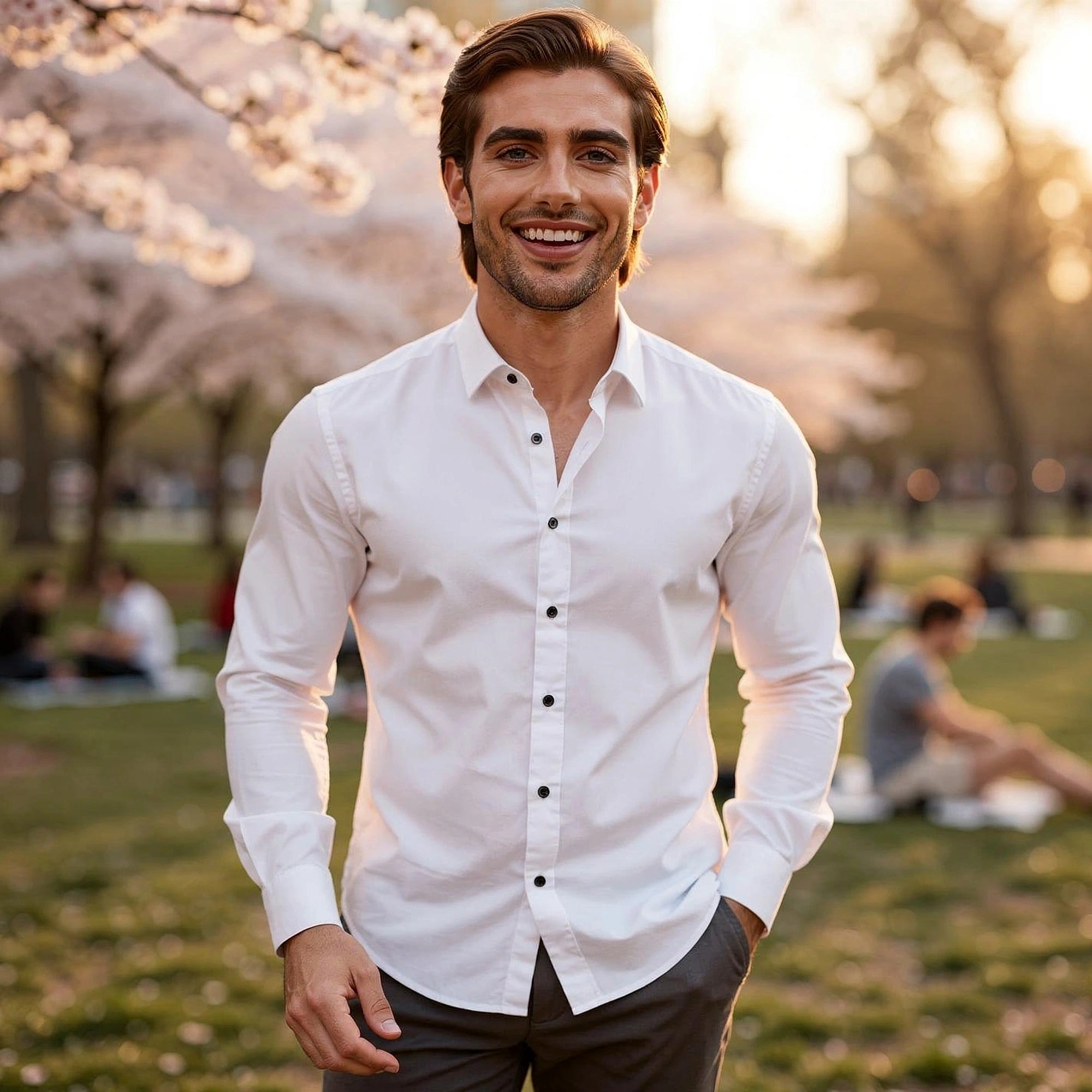 View of a light blue tailored shirt made from soft cotton, featuring a crisp collar and subtle stitching