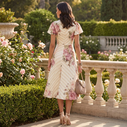 Back view of a model wearing a floral print V neck A line dress with ruffle waist, showing intricate stitching details against a neutral background.