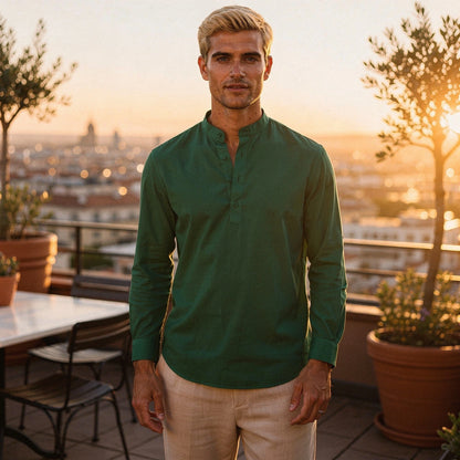Lightweight casual henley shirt in soft cotton blend, featuring a button placket and long sleeves, view