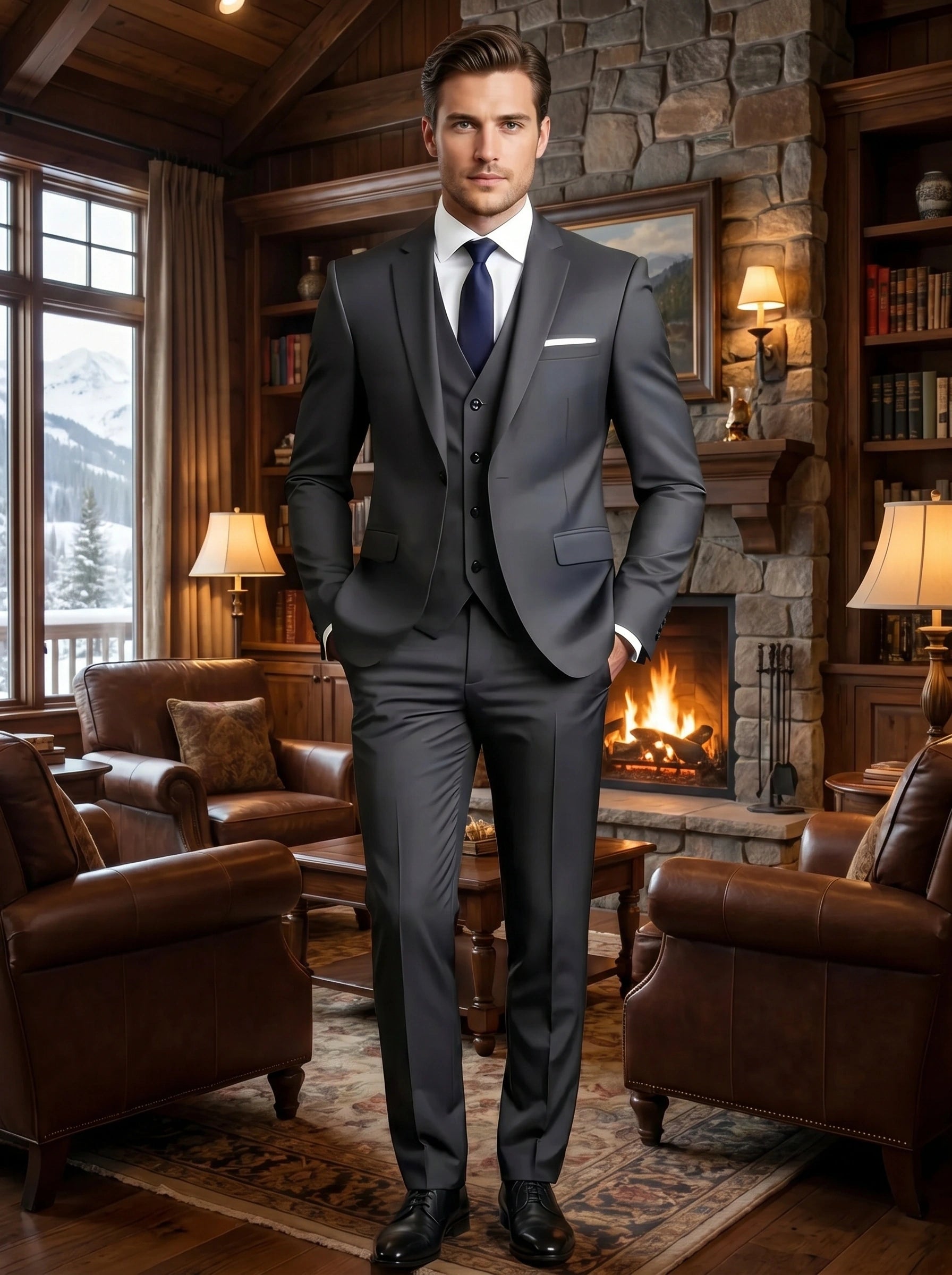 A model showcases a men's tailored winter suit in a classic navy hue, exuding sophistication against a neutral backdrop, perfect for formal occasions.