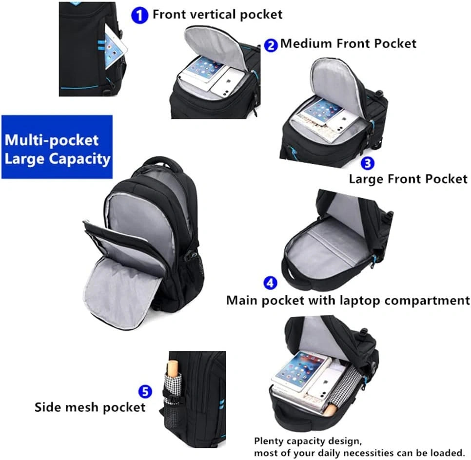 View of a versatile rolling school backpack for boys, featuring durable fabric, adjustable straps, and multiple compartments in navy blue