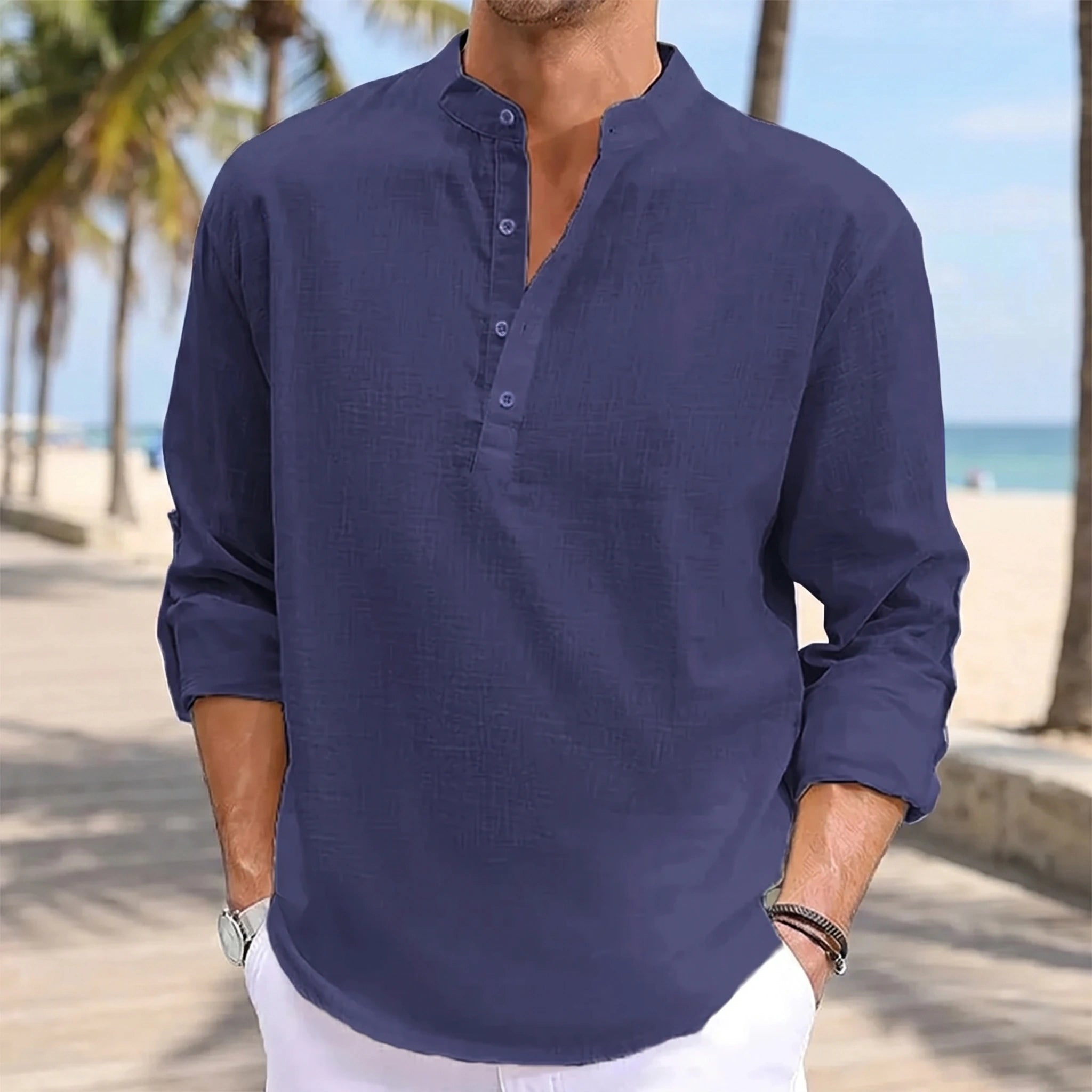 Close up view of the lightweight fabric and detailed stitching of the men's casual summer polo shirt, showing its quality and craftsmanship.