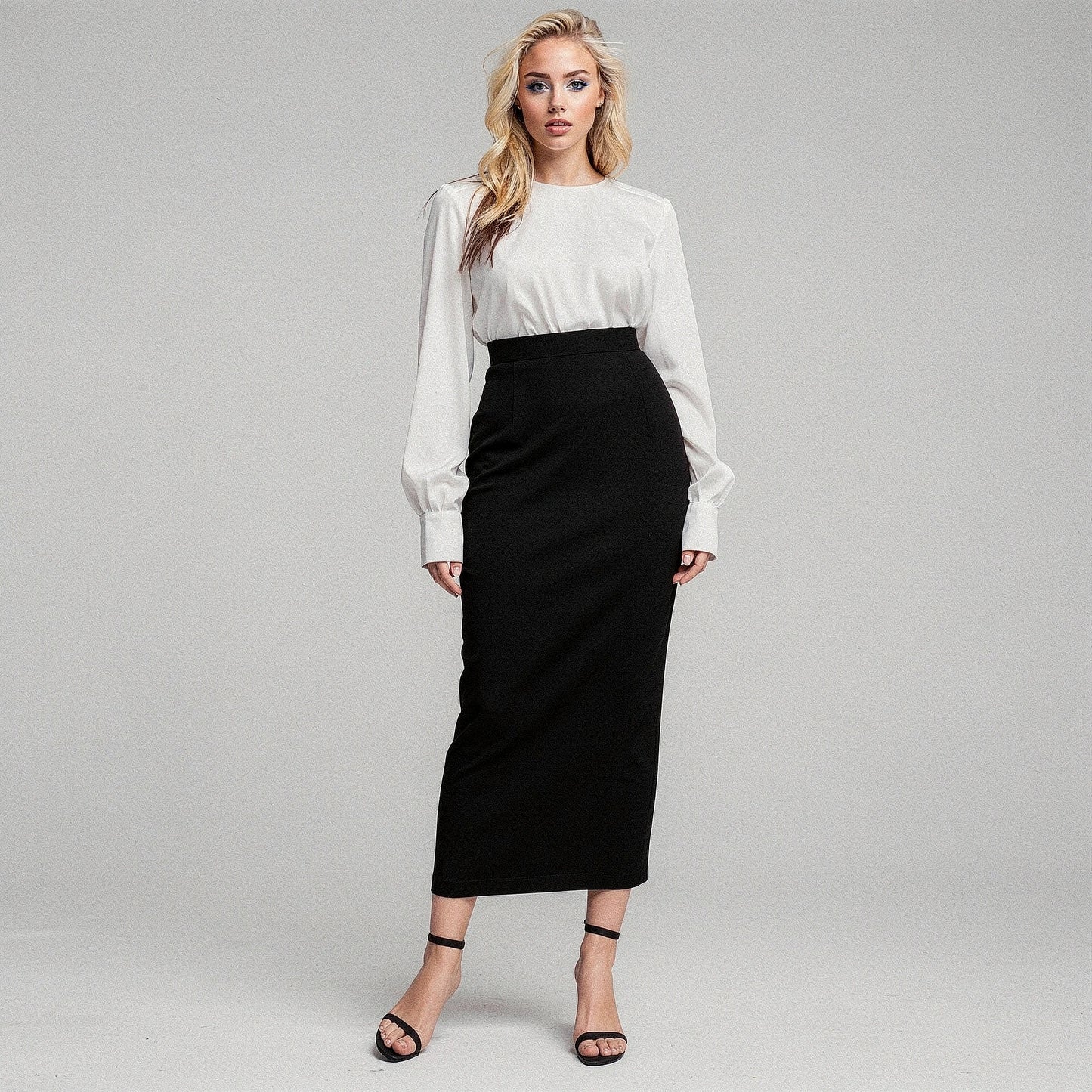 View of a women's elegant slim midi skirt in soft fabric, featuring a fitted silhouette and a classic solid color