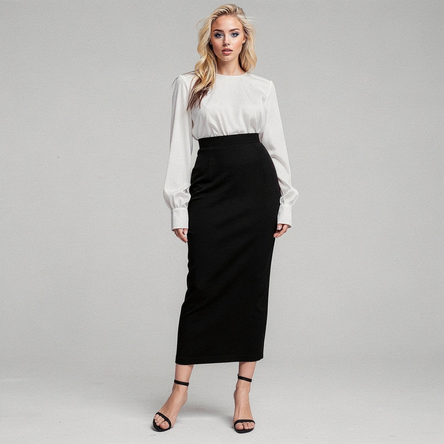 View of a women's elegant slim midi skirt in soft fabric, featuring a fitted silhouette and a classic solid color