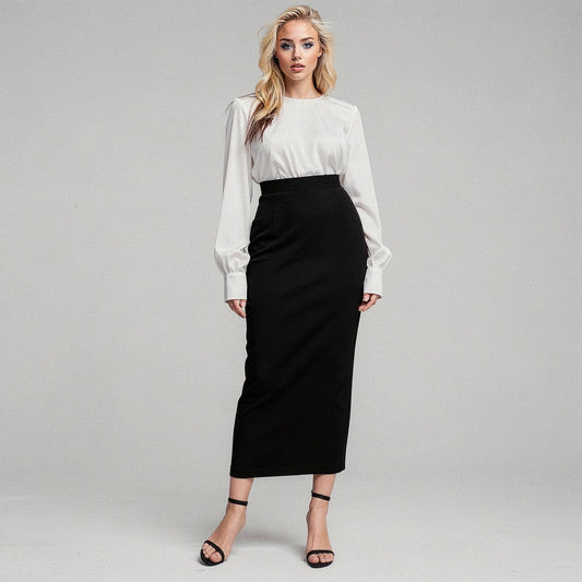 View of a women's elegant slim midi skirt in soft fabric, featuring a fitted silhouette and a classic solid color
