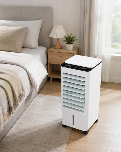 View of a sleek compact air cooler featuring a user friendly control panel and an elegant design suitable for bedroom use