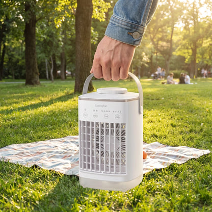 Close up view of the compact portable air cooler showing its sleek design, adjustable wind speed control, and detailed water tank feature.