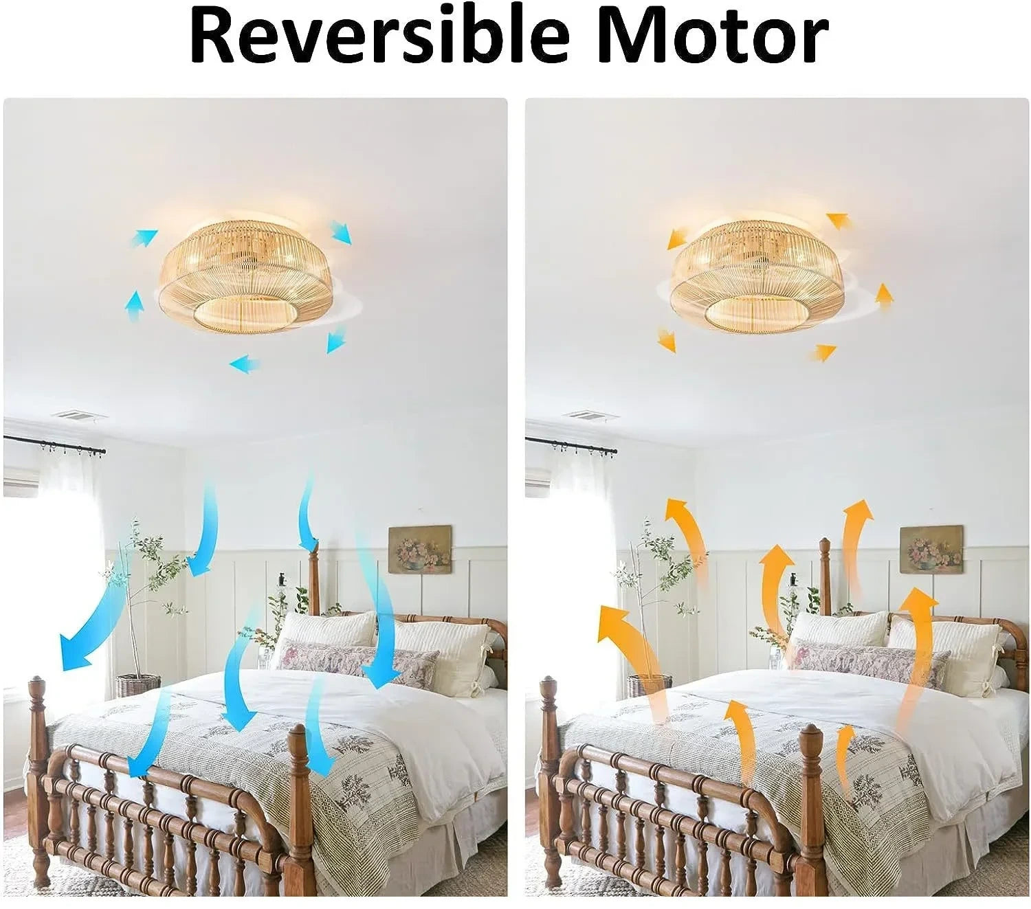Of the elegant rattan blades and integrated light fixtures showcasing the fan's unique texture and design details