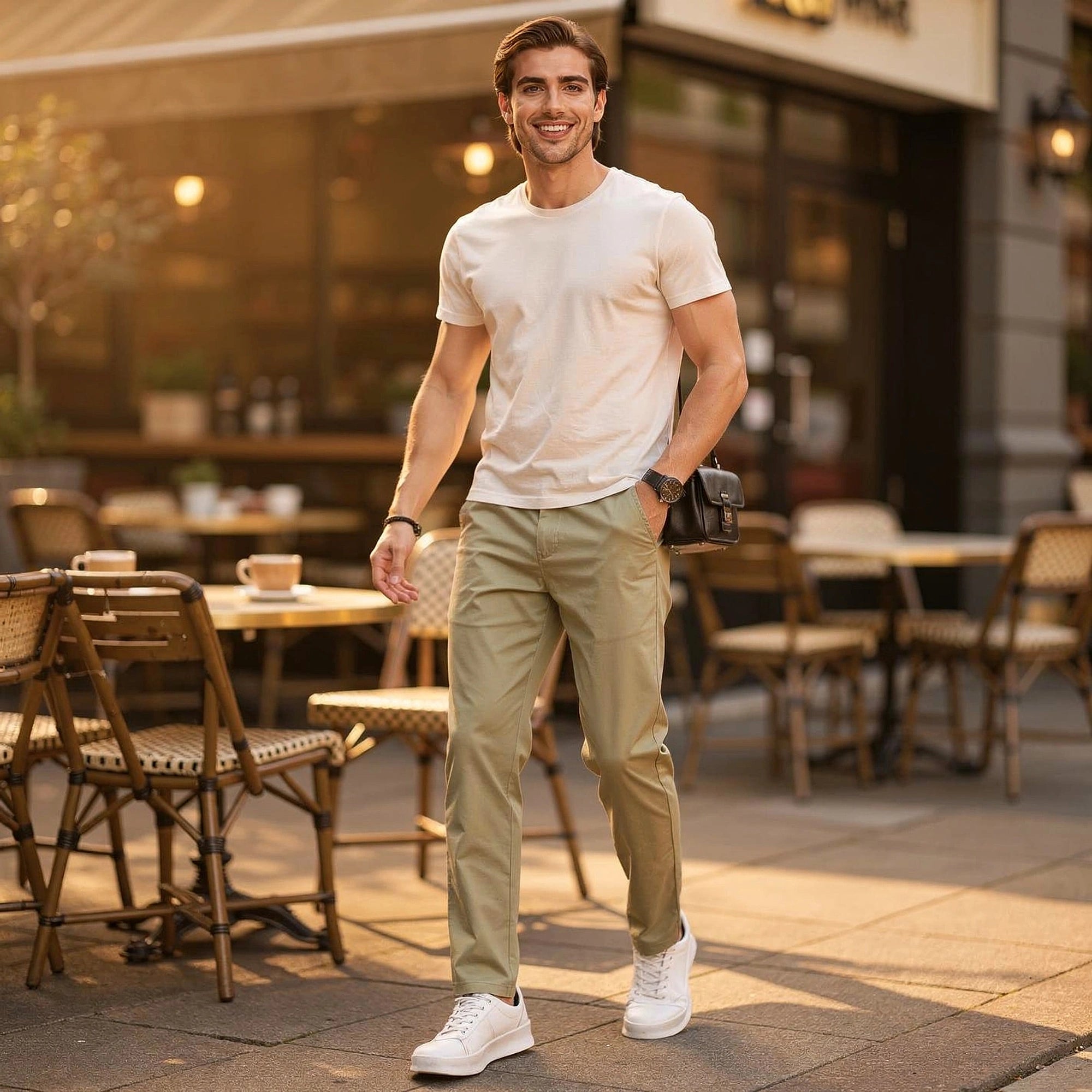 View of slim fit casual pants in dark gray fabric, featuring a comfortable waistband and subtle stitching details