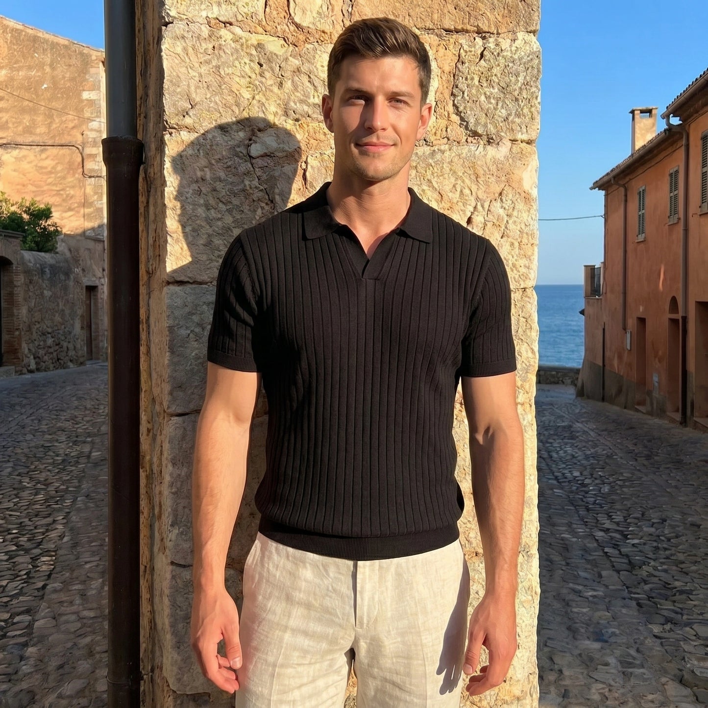 Close up view of the Mens Versatile Summer Polo Shirt showing fine stitching and premium fabric texture against a neutral background.