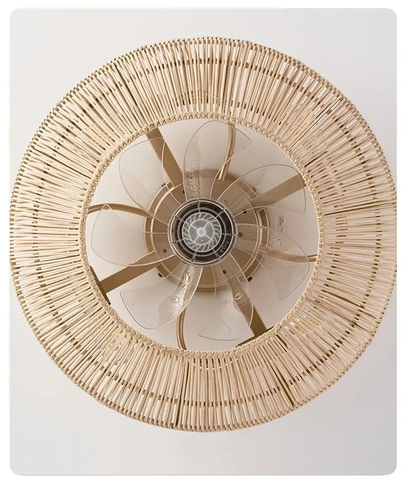 Of the elegant rattan blades, showcasing intricate weave patterns and remote control functionality for easy adjustments