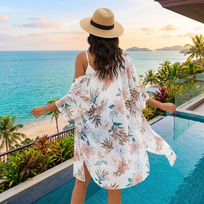 Close up view of the Womens Airy Vibrant Summer Kimono showing intricate stitching and lightweight fabric, perfect for beach and pool outings.