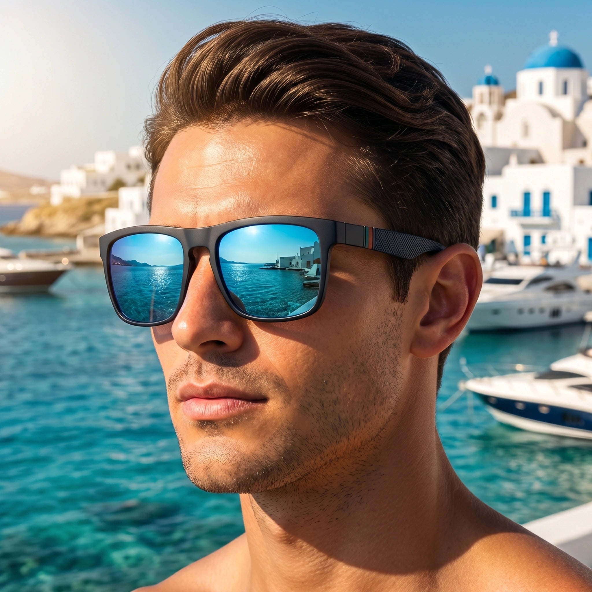 Close up of men's polarized summer sunglasses showing the sleek frame design, premium lens quality, and intricate stitching against a neutral background.