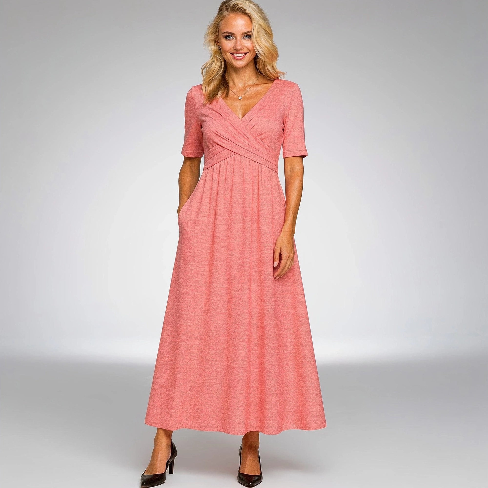 View of a chic v neck midi dress in soft fabric, featuring a flattering silhouette and elegant flow