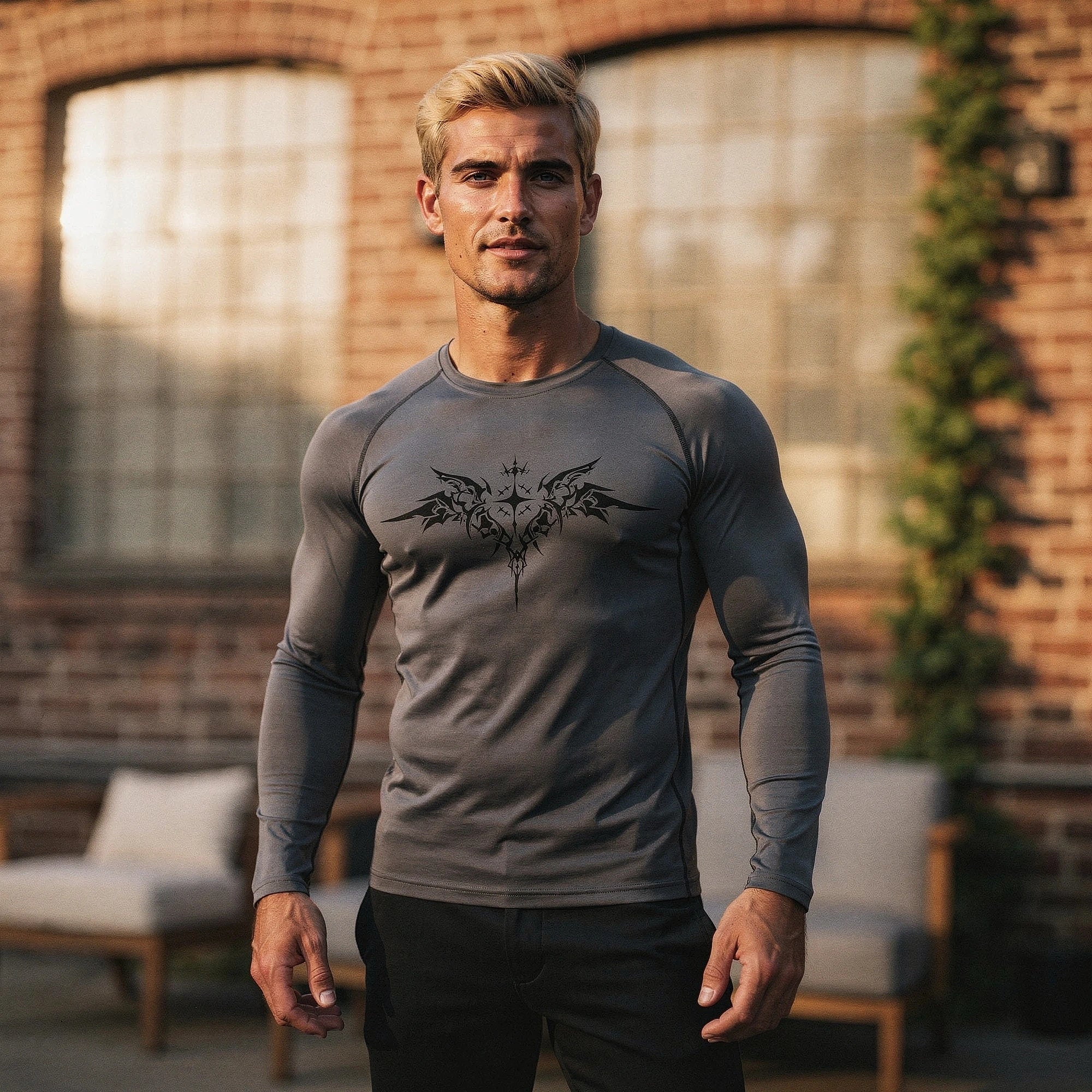 Black quick drying compression tee with short sleeves, view highlighting fabric texture and fit