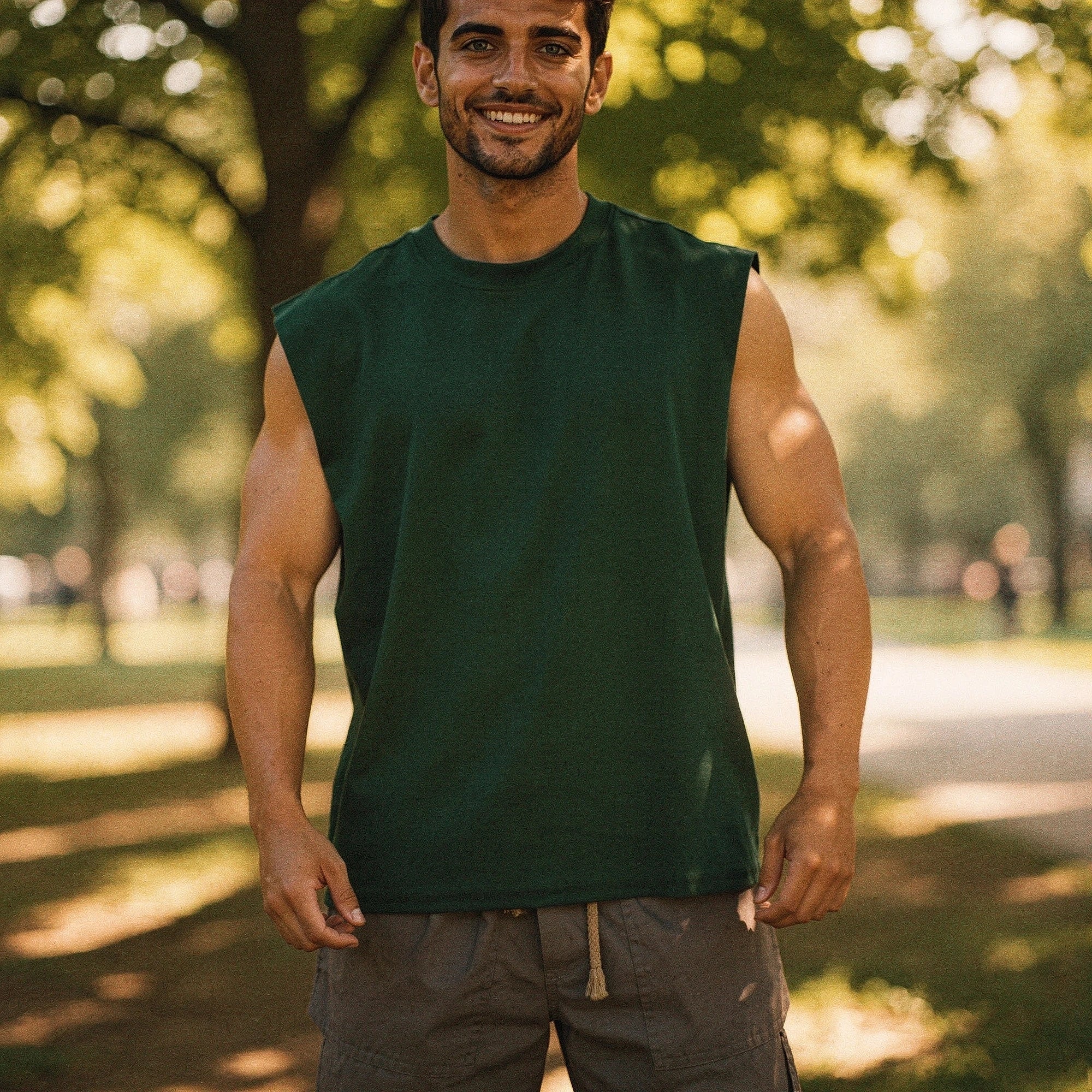 View of a sleek black summer tank top made from lightweight fabric, featuring a round neckline and relaxed fit