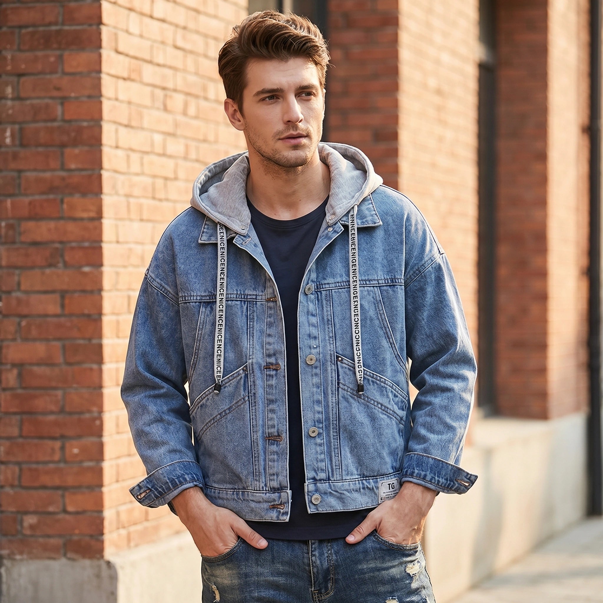 Close up view of the men's casual relaxed denim jacket showing detailed stitching and fabric texture, showing its quality and versatile style.