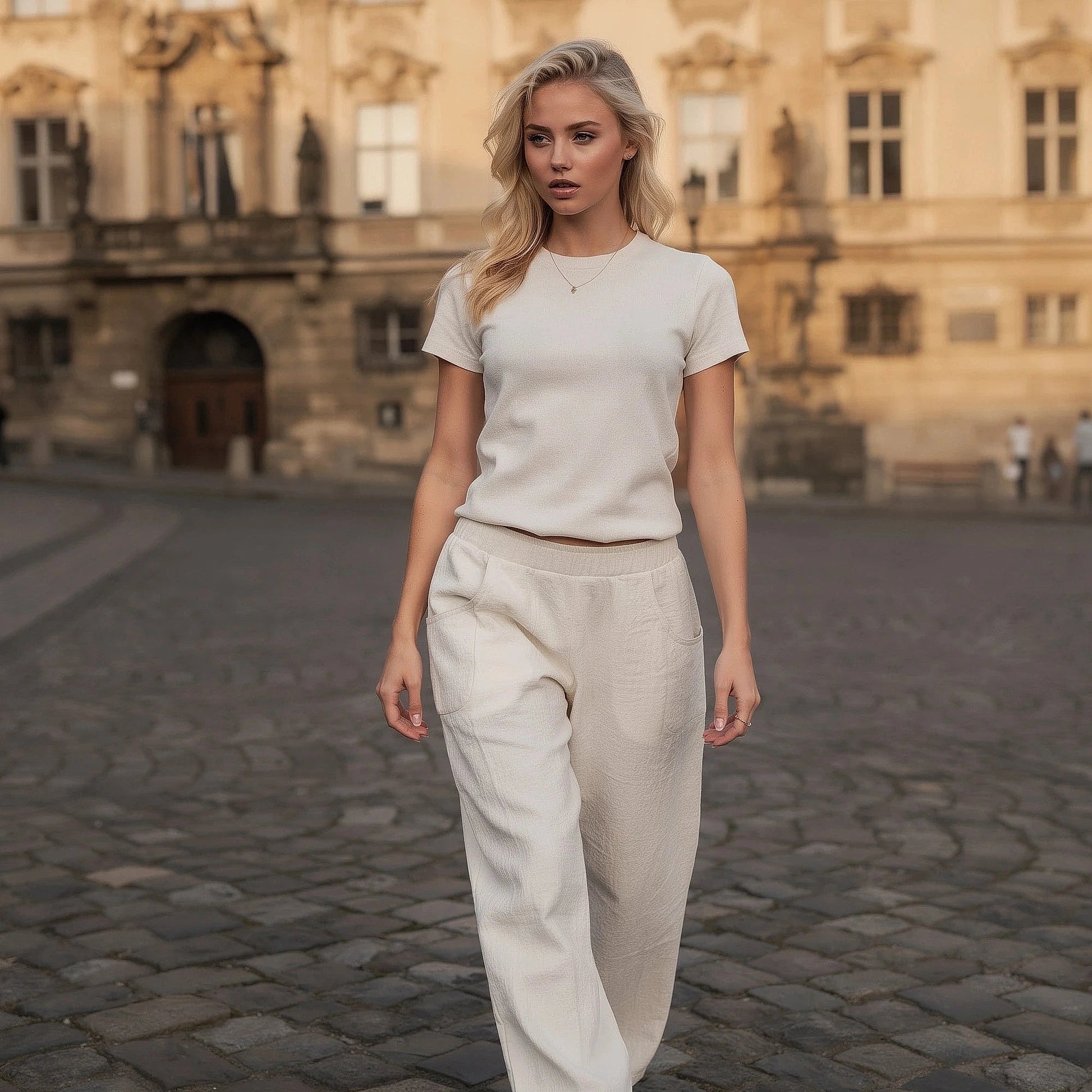 View of elegant high waisted wide leg pants in soft fabric, featuring a smooth waistband and flowing silhouette