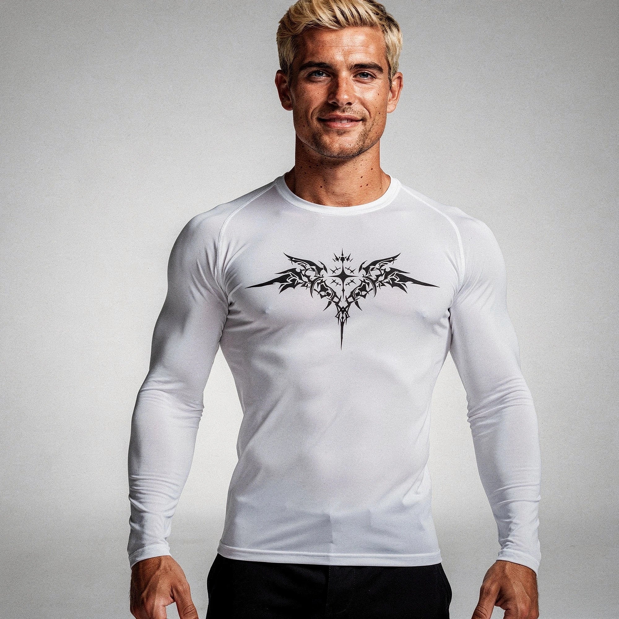 View of a black quick drying compression tee made from stretchy material, featuring a fitted design and short sleeves