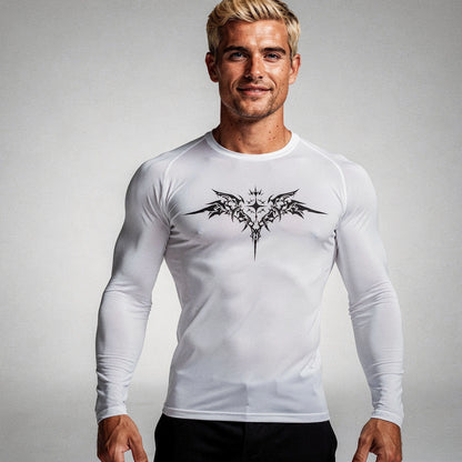 View of a black quick drying compression tee made from stretchy material, featuring a fitted design and short sleeves