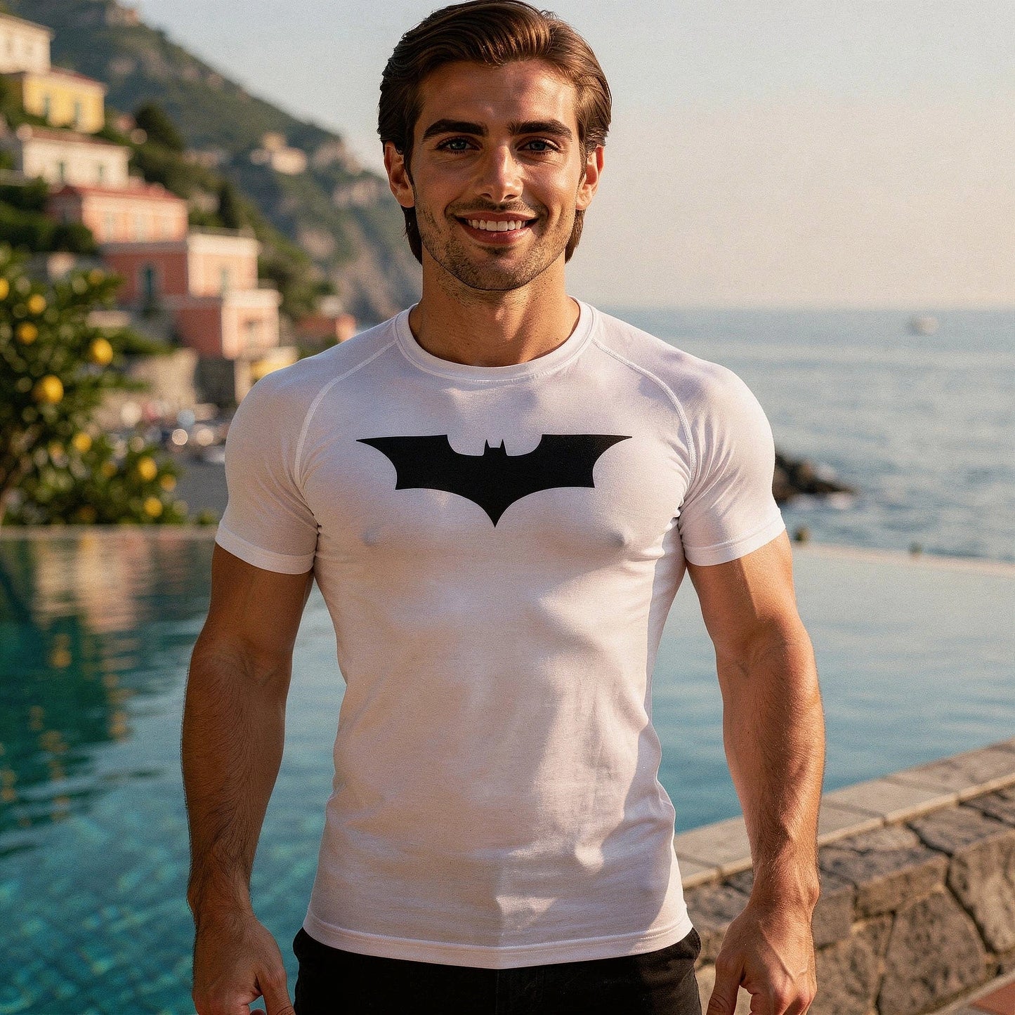 View of a black men's athletic compression running tee, featuring short sleeves and a fitted design for optimal performance