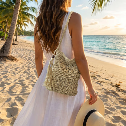Close up of the Womens Casual Beach Bag showing its textured fabric, intricate stitching, and design, perfect for summer outings by the beach.