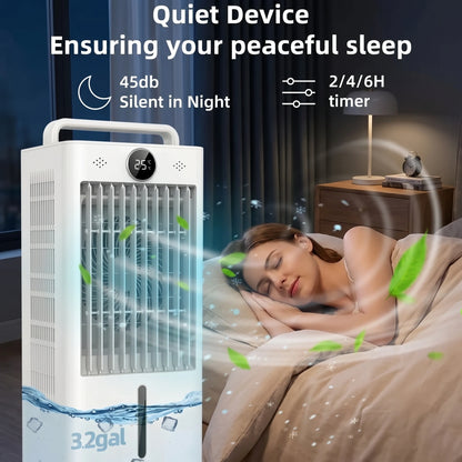 Back view of the sleek portable evaporative air cooler with remote control, showing its modern design and construction details against a neutral background.