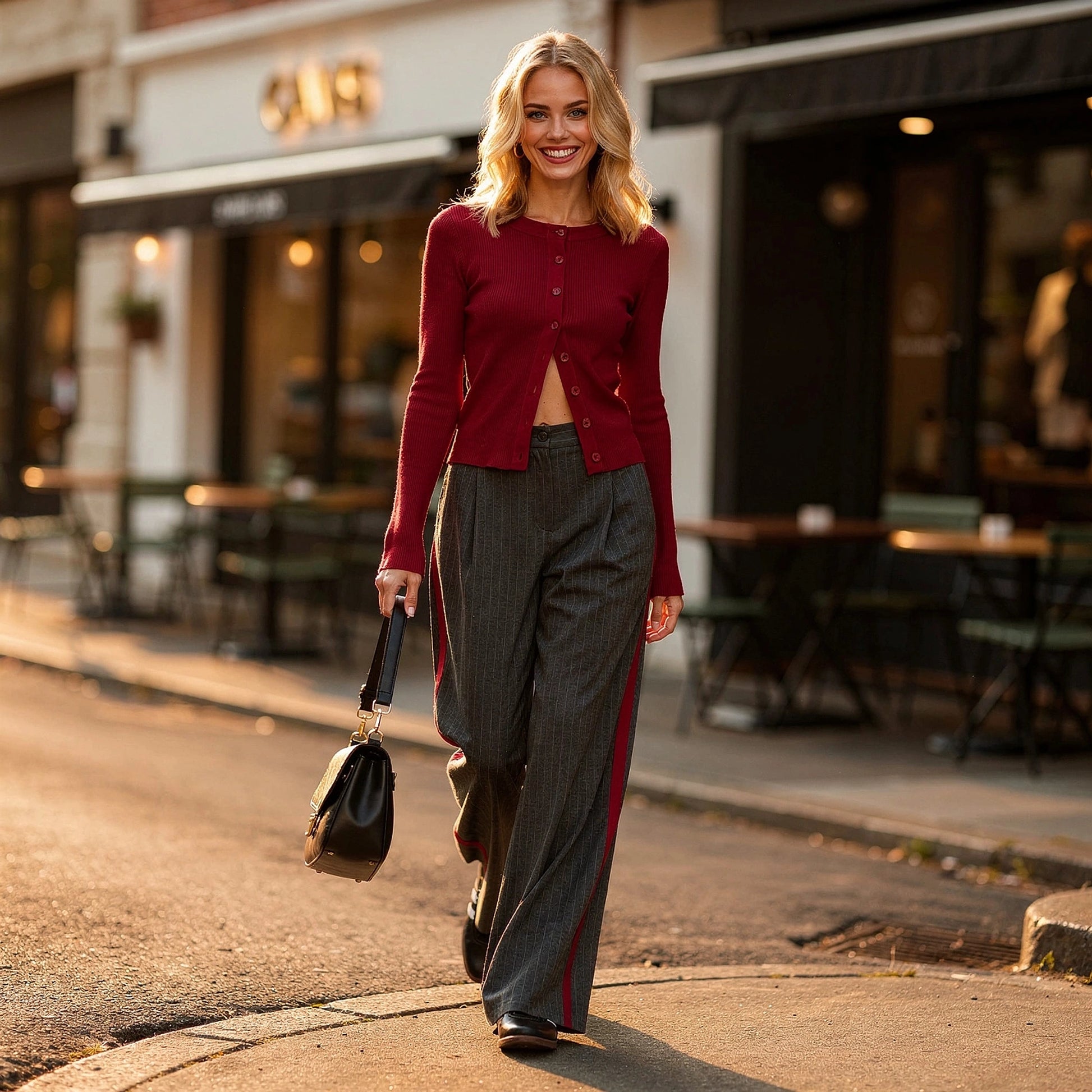 View of high waist trousers in a soft beige fabric, featuring a tailored fit and sleek pockets