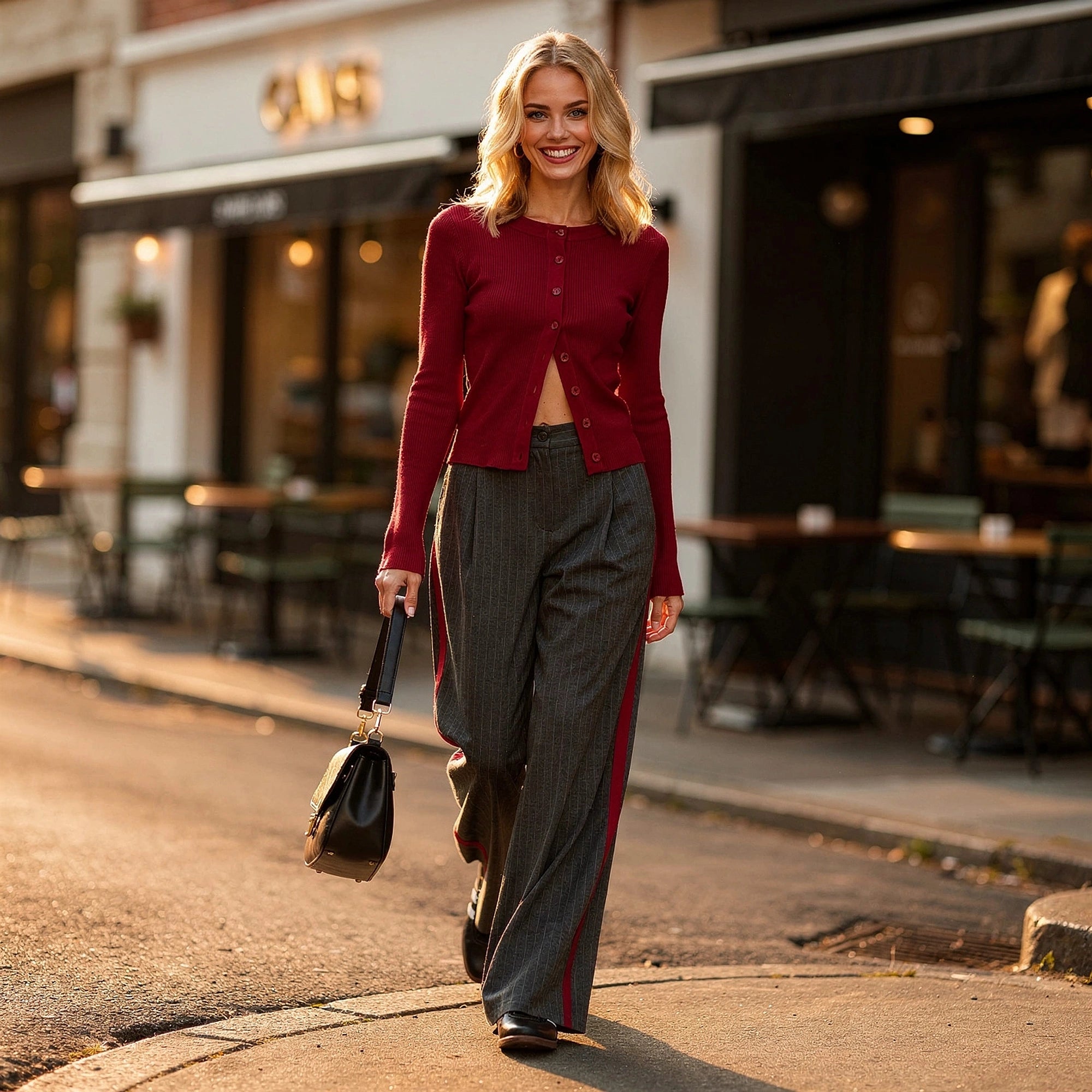 View of high waist trousers in a soft beige fabric, featuring a tailored fit and sleek pockets