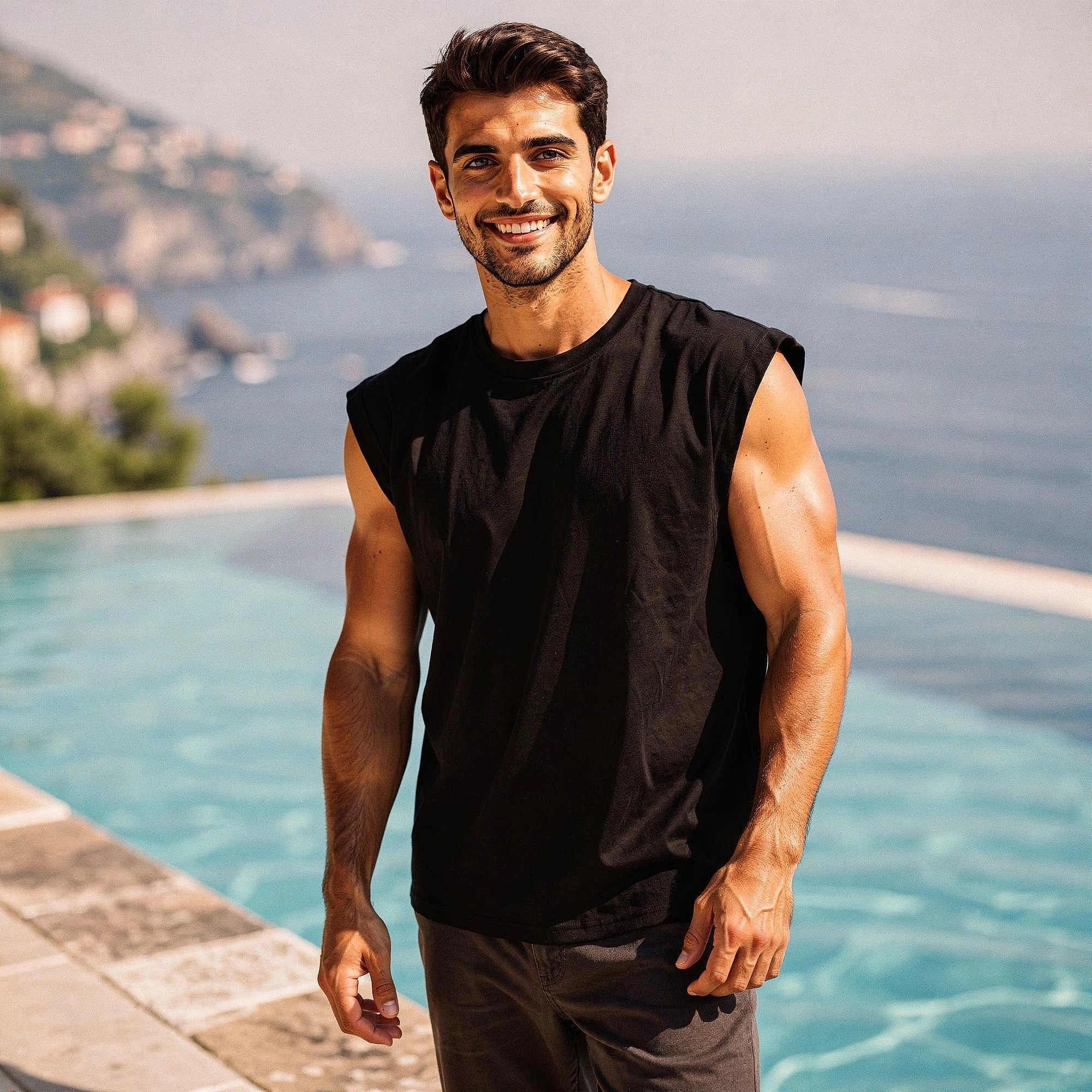 View of a sleek black summer tank top made from lightweight fabric, featuring a comfortable fit and subtle stitching
