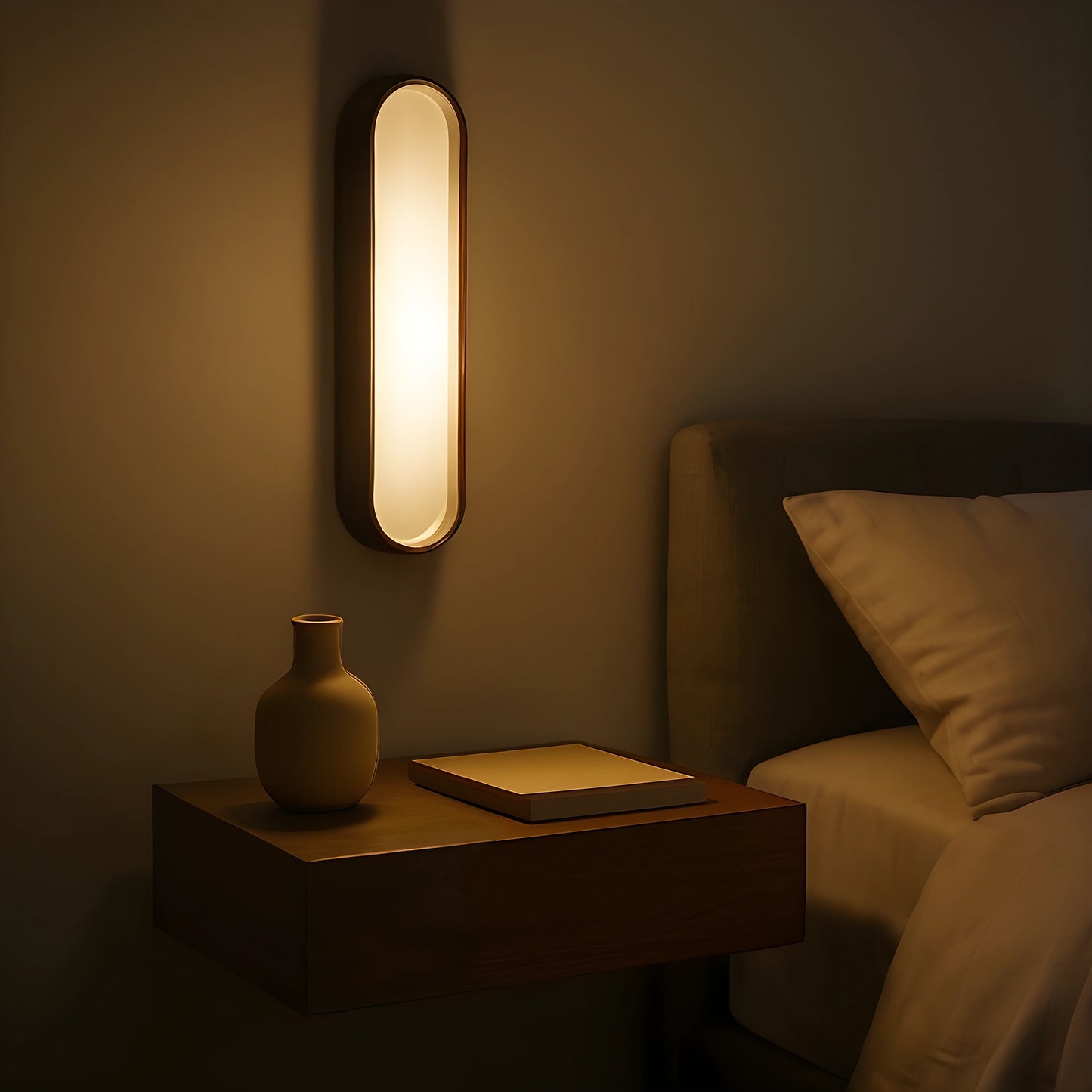 View of an elegant alabaster wall sconce featuring a sculptural design, soft ambient light, and a creamy white finish