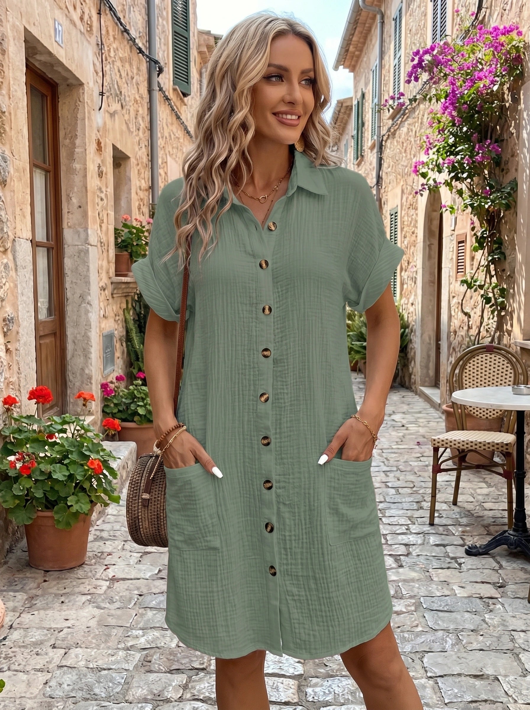 Front view of a model wearing a Womens Effortless Summer Shirt Dress in a soft pastel color, styled with minimal accessories against a neutral background.