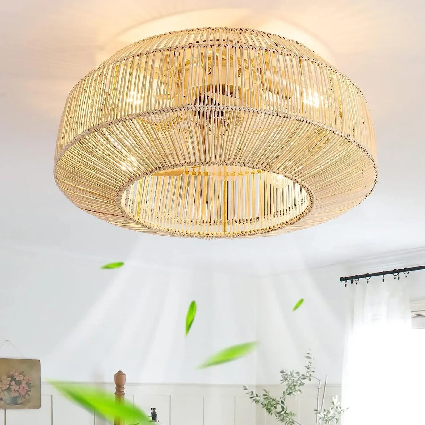 Of the rattan fan’s intricate woven blades and sleek light fixture, highlighting craftsmanship and design elegance