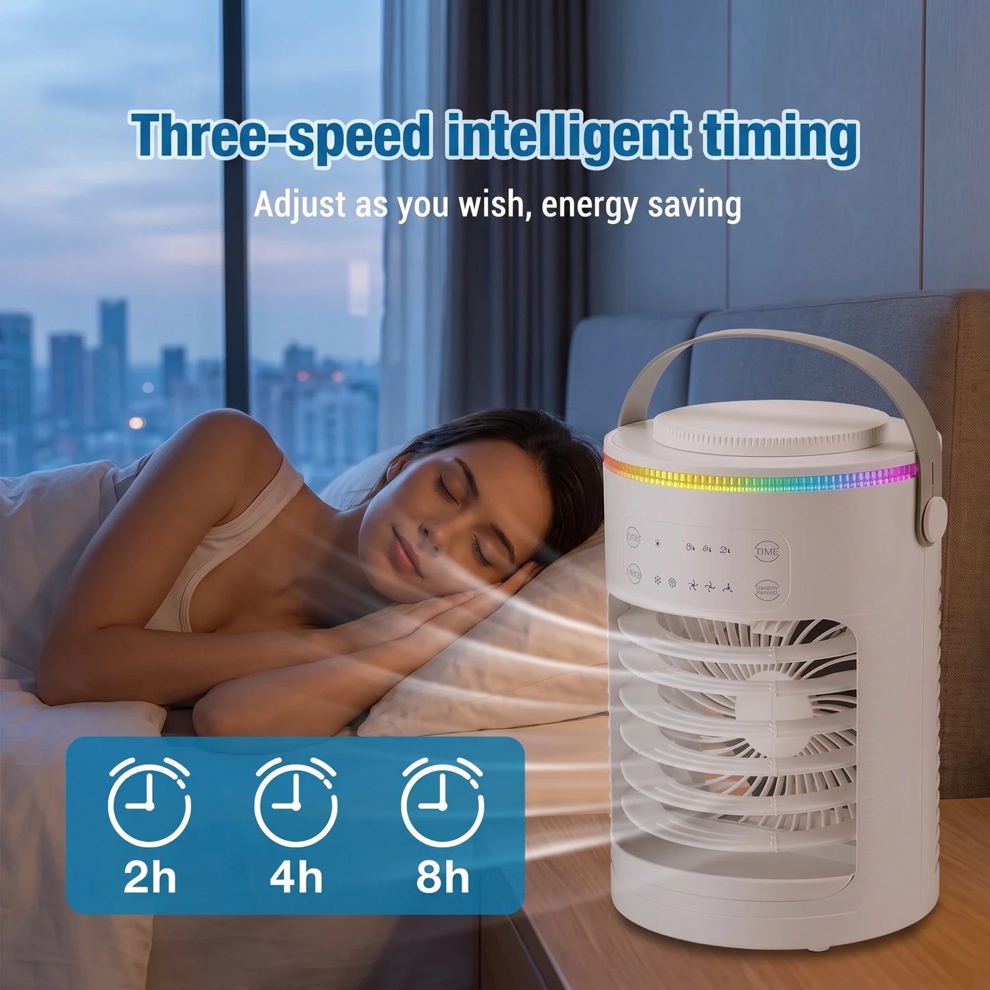 Close up view of the compact portable air cooler showing its sleek design, fine stitching, and dual spray mode features against a neutral background.
