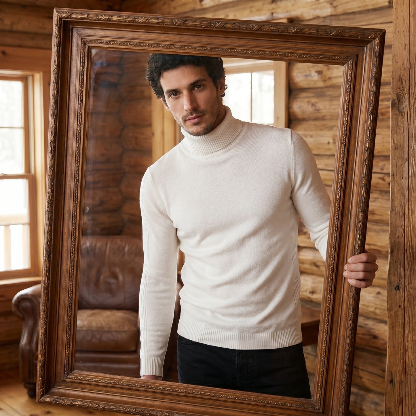 Back view of a mens fitted turtleneck sweater in a rich navy color, showing the sleek construction and silhouette against a neutral background.