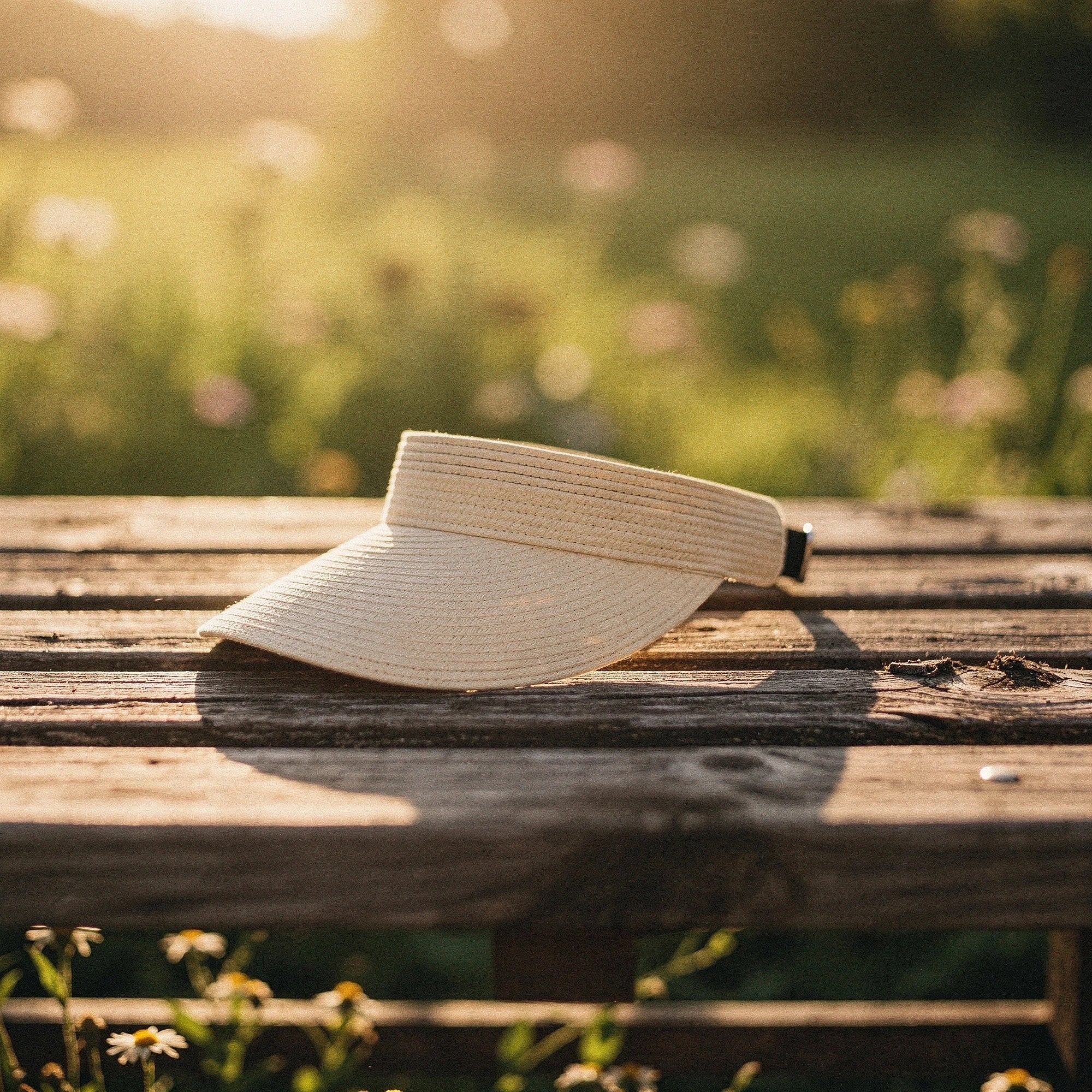 View of a chic summer visor hat in light beige, featuring a wide brim and breathable woven material