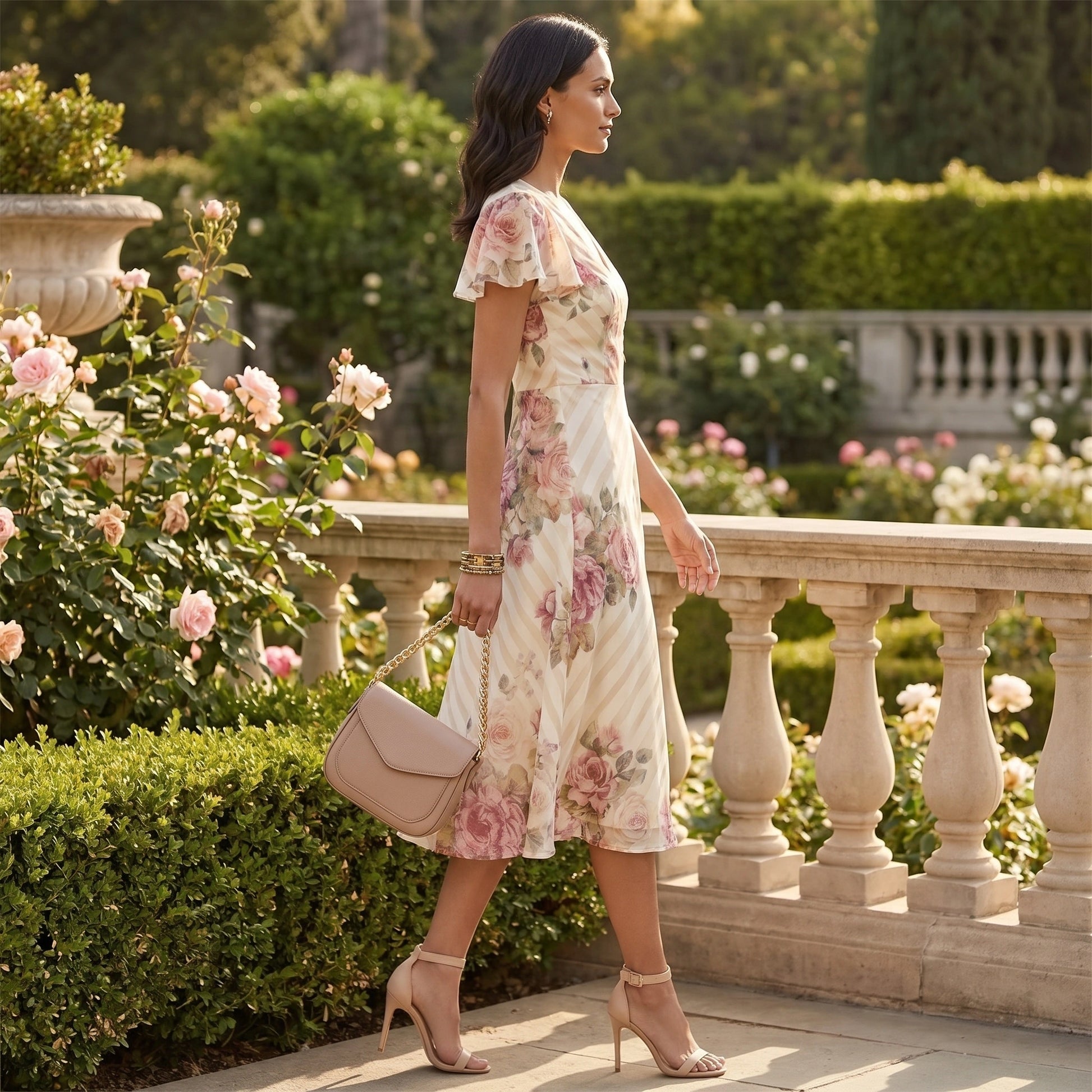 Close up view of the Spring Summer Women's Floral Print V Neck A Line Dress showing detailed ruffle waist stitching and vibrant floral patterns against a soft background.