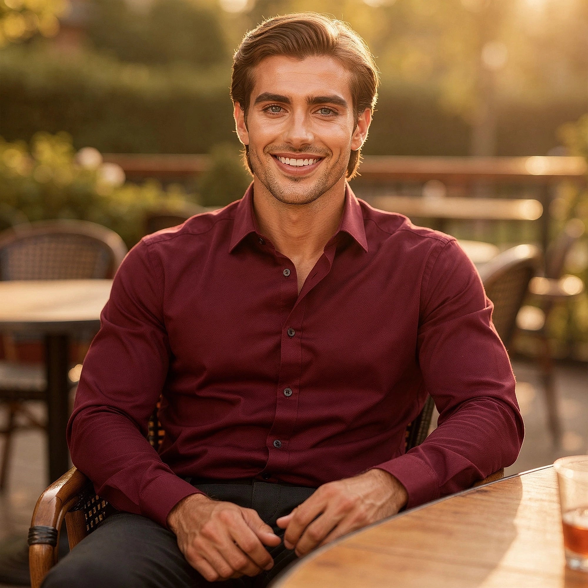 View of a tailored modern everyday shirt in light blue, featuring a crisp collar and subtle texture